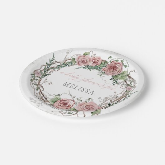 BOHO Blush Roze Rose Floral Baby Girl Shower Papieren Bordje (Gekanteld)