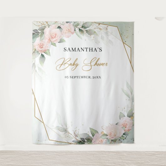 Boho blush roze roses greenery gold baby shower wandkleed (Voorkant)