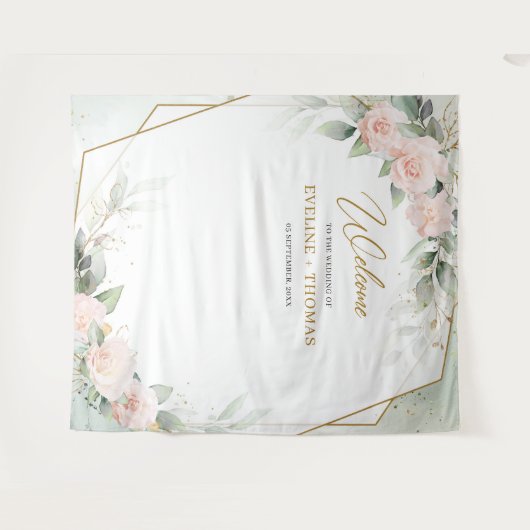 Boho blush roze roses greenery gold lijst bruiloft wandkleed (Voorkant (horizontaal))