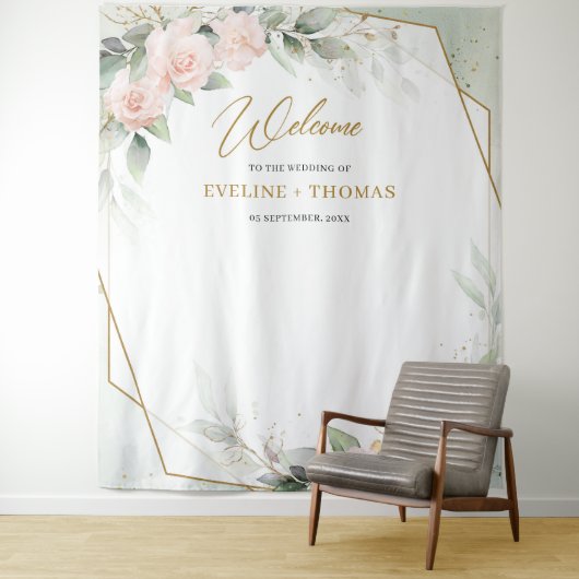 Boho blush roze roses greenery gold lijst bruiloft wandkleed (In situ)