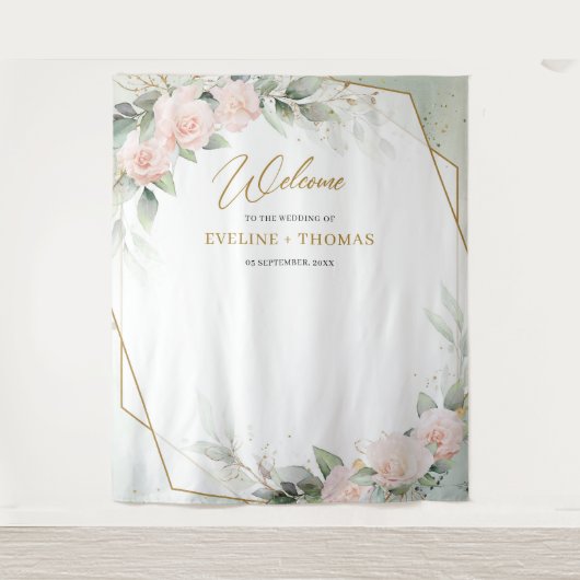 Boho blush roze roses greenery gold lijst bruiloft wandkleed (Voorkant)