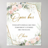 Boho blush roze roses greenery gold lijst open bar poster (Voorkant)