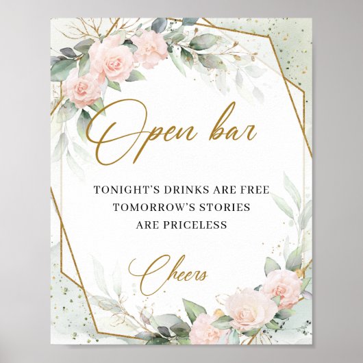 Boho blush roze roses greenery gold lijst open bar poster (Voorkant)