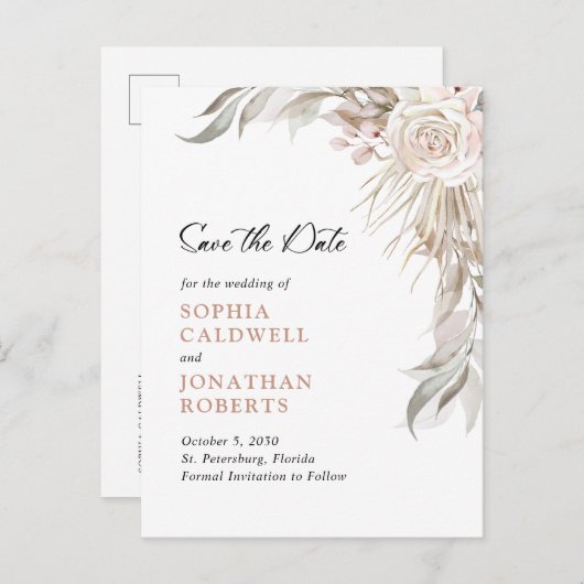 Boho Blush Roze Roze Legante Foliage Sparen de Dat Aankondigingskaart (Voorkant / Achterkant)