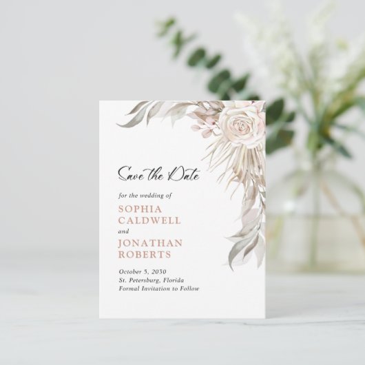 Boho Blush Roze Roze Legante Foliage Sparen de Dat Aankondigingskaart (Staand voorkant)