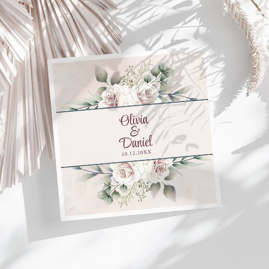 Boho Blush Roze Rozen Aangepaste Naam Trouwen Servet