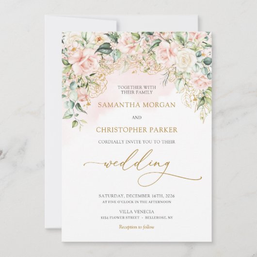 Boho Blush Roze Rozen Bloemen Romantische Bruiloft Kaart (Voorkant)