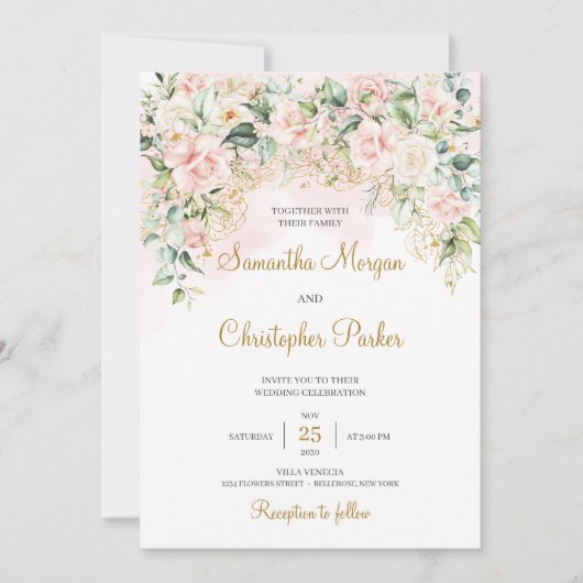 Boho Blush Roze Rozen Bloemen Romantische Bruiloft Kaart (Voorkant)