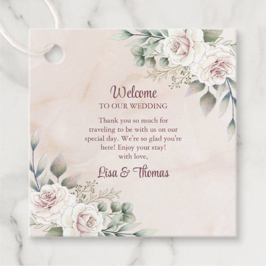 Boho Blush Roze Rozen Bruiloft Welkom Bedankjes Labels (Voorkant)