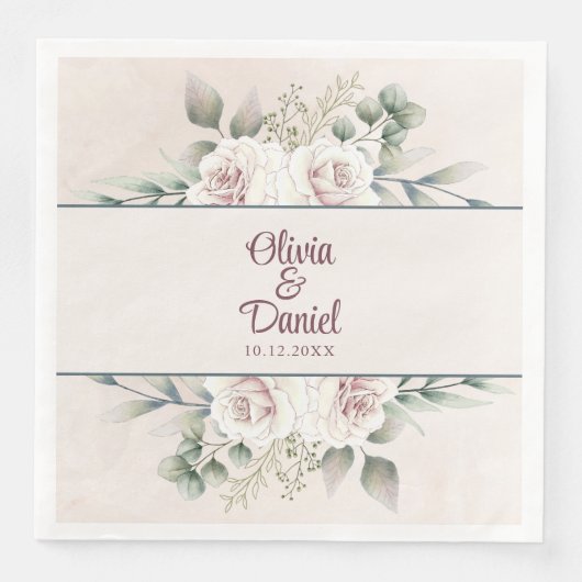 Boho Blush Roze Rozen Custom Naam Bruiloft Servet (Voorkant)