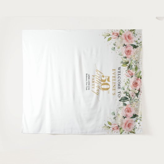 Boho blush roze rozen eucalyptus 50ste verjaardag wandkleed (Voorkant (horizontaal))