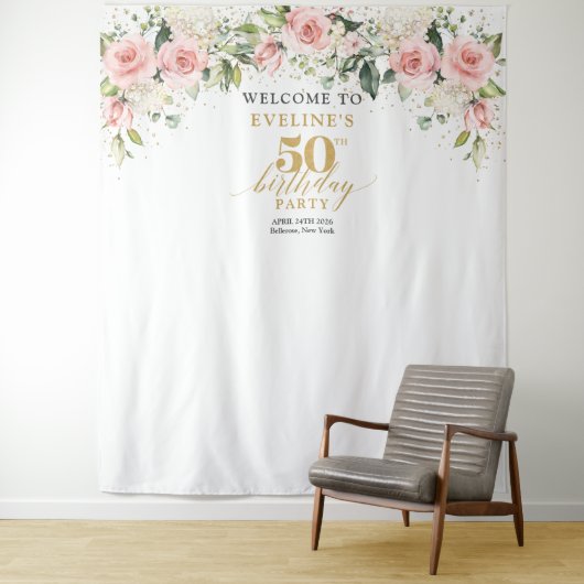 Boho blush roze rozen eucalyptus 50ste verjaardag wandkleed (In situ)