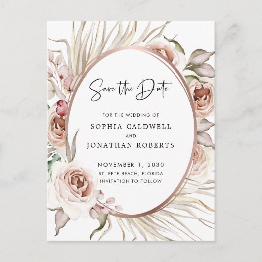 Boho Blush roze rozen Gedroogde handpalm Sla de da Aankondigingskaart (Voorkant)