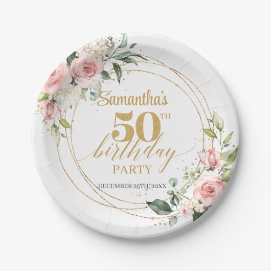 Boho blush roze rozen goud glitter 50ste verjaarda papieren bordje (Voorkant)
