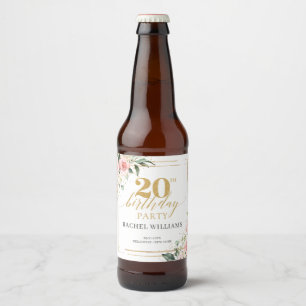 Boho blush roze rozen gouden glitter 20e verjaarda bier etiket