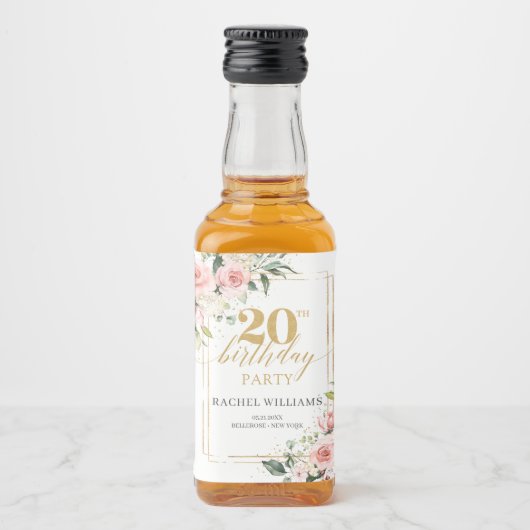 Boho blush roze rozen gouden glitter 20e verjaarda likeurfles etiket (Voorkant)