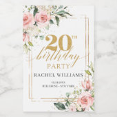 Boho blush roze rozen gouden glitter 20e verjaarda wijn etiket (Enkel label)