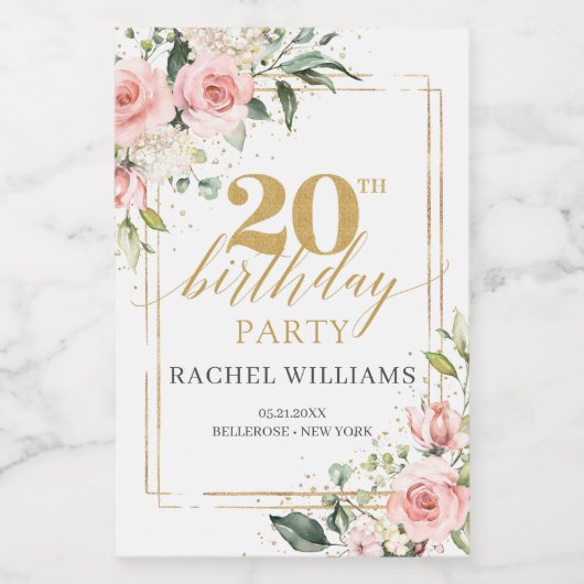 Boho blush roze rozen gouden glitter 20e verjaarda wijn etiket (Enkel label)