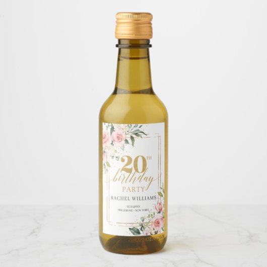 Boho blush roze rozen gouden glitter 20e verjaarda wijn etiket (Voorkant)