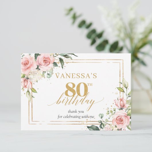 Boho blush roze rozen gouden glitter 80e verjaarda bedankkaart (Staand voorkant)