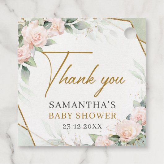 Boho blush roze rozen gouden lijst baby shower bedankjes labels (Achterkant)