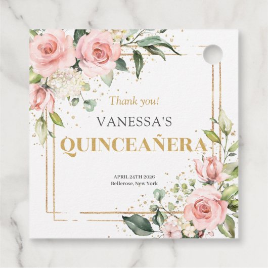 Boho blush roze rozen gouden tiara salie Quinceañe Bedankjes Labels (Achterkant)