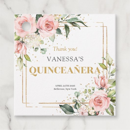 Boho blush roze rozen gouden tiara salie Quinceañe Bedankjes Labels (Voorkant)
