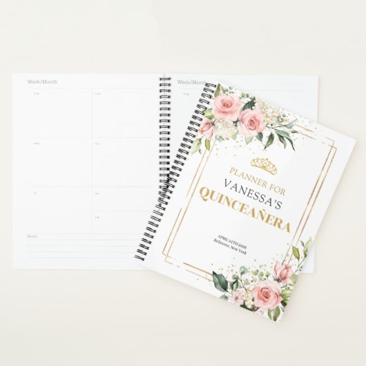 Boho Blush roze rozen gouden tiara salie Quinceane Planner (Display)