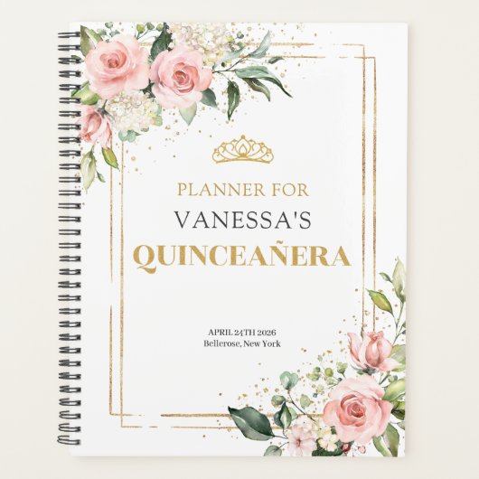 Boho Blush roze rozen gouden tiara salie Quinceane Planner (Voorkant)