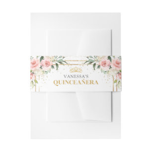 Boho Blush roze rozen gouden tiara salie Quinceañe Uitnodigingen Wikkel