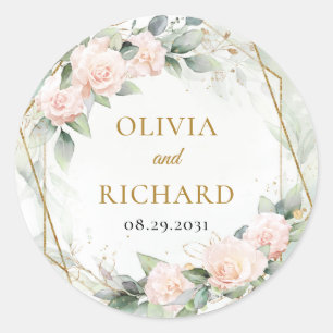 Boho blush roze rozen rozen groen en goud lijst ronde sticker