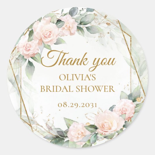 Boho blush roze rozen rozen groen en goud lijst ronde sticker (Voorkant)