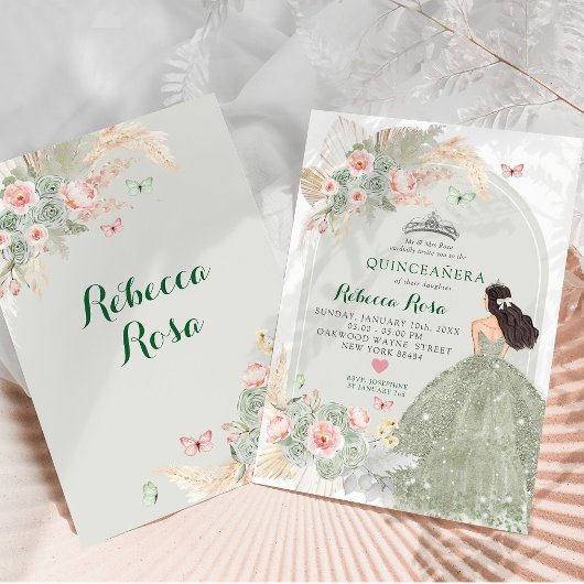 Boho Blush Roze Salie Groen Princesa Quinceañera Kaart