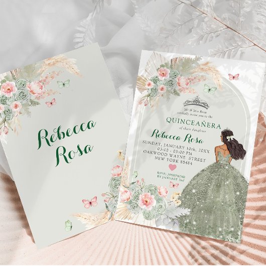 Boho Blush Roze Salie Groen Princesa Quinceañera Kaart