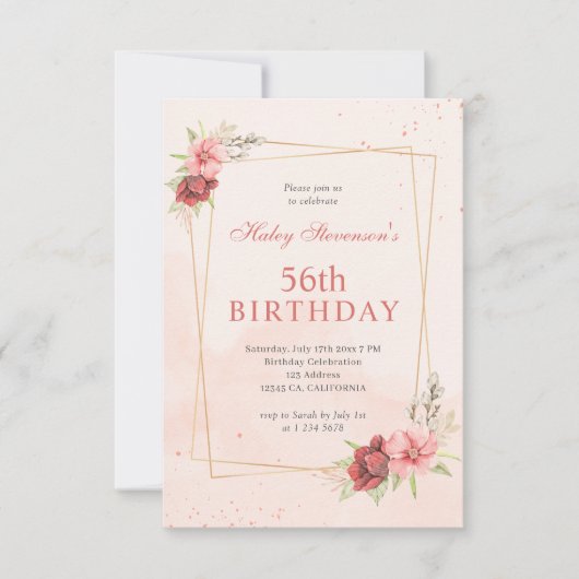 Boho Blush Roze Terracotta Bloem 56ste Verjaardag Kaart (Voorkant)