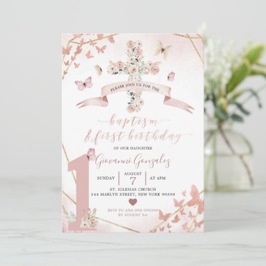 Boho Blush Roze Vlinder Doop & 1e Verjaardag Kaart (Staand voorkant)