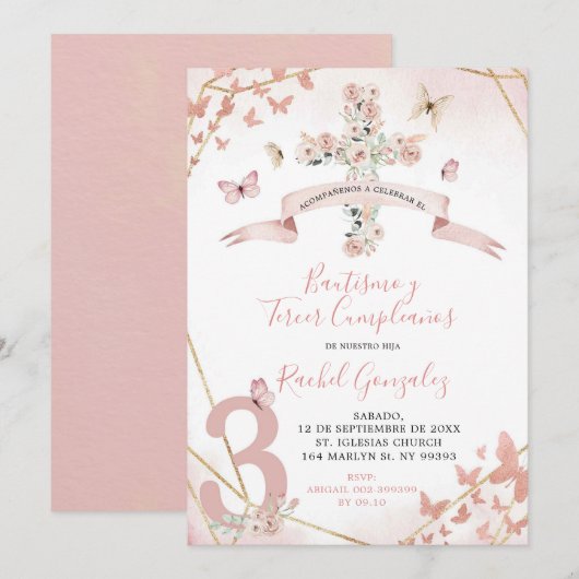 Boho Blush Roze Vlinder Doop & 3e Verjaardag Kaart (Voorkant / Achterkant)