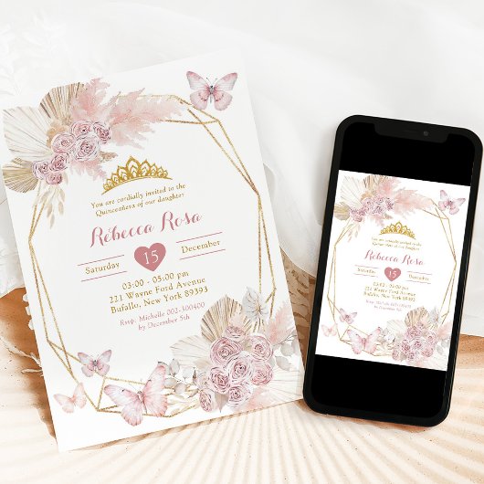 Boho Blush Roze Vlinder Geometrische Quinceañera Kaart