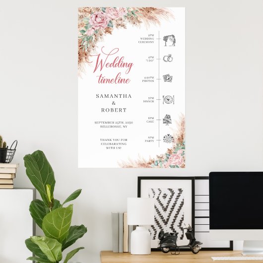 Boho blush Rozen en pampas gras bruiloft Tijdlijn Poster (Thuiskantoor)