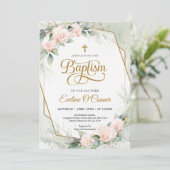 Boho blush rozen eucalyptus Gold lijst Baptisme Kaart (Staand voorkant)
