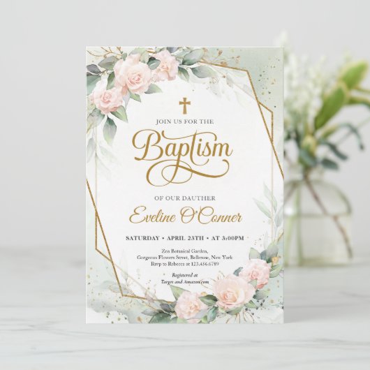 Boho blush rozen eucalyptus Gold lijst Baptisme Kaart (Staand voorkant)