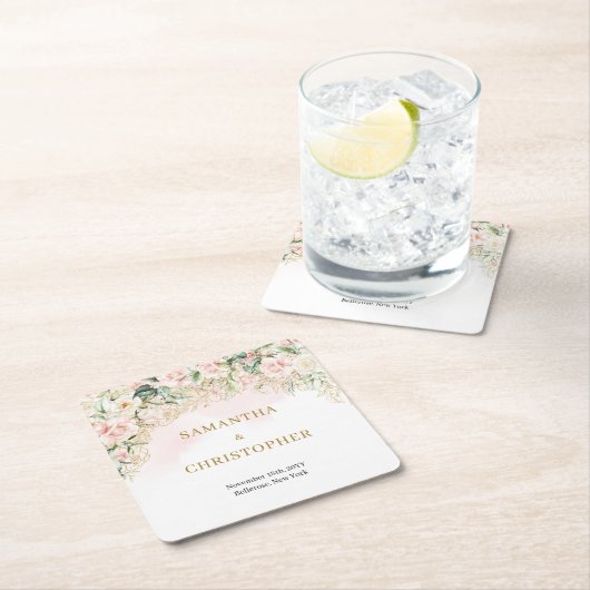 Boho blush rozen gouden glitter eucalyptus bruilof kartonnen onderzetters (Insitu)