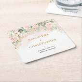 Boho blush rozen gouden glitter eucalyptus bruilof kartonnen onderzetters (Schuin)