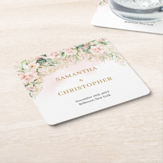 Boho blush rozen gouden glitter eucalyptus bruilof kartonnen onderzetters (Schuin)