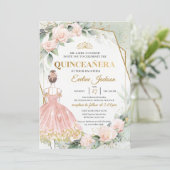 Boho blush rozen gouden lijsten baljurk Quinceaner Kaart (Staand voorkant)