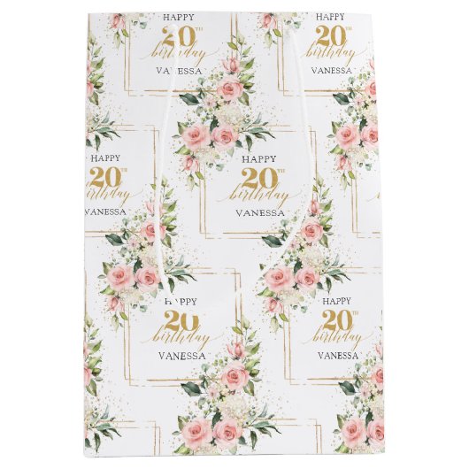 Boho blush rozen groen goud glitter 20e verjaardag medium cadeauzakje (Voorkant)