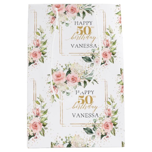 Boho blush rozen salie groen goud 50ste verjaardag medium cadeauzakje (Voorkant)