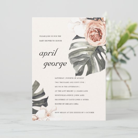 BOHO BLUSH RUST FLORA MONSTRERA BABY SHOWER INVITE BEDANKKAART (Staand voorkant)