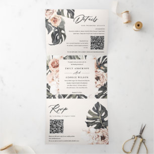 Boho Blush Rust Monstera Floral 2 QR Code Weddensc Drieluik Uitnodiging
