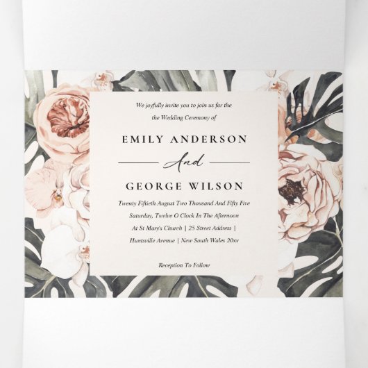 Boho Blush Rust Monstera Floral 2 QR Code Weddensc Drieluik Uitnodiging (Binnenkant midden)